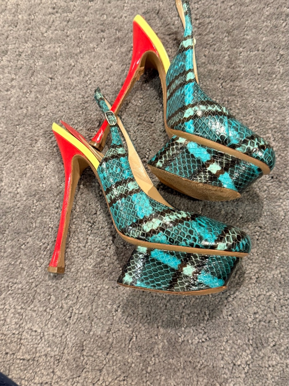 Turquoise Snakeskin Platform Slingback Heels